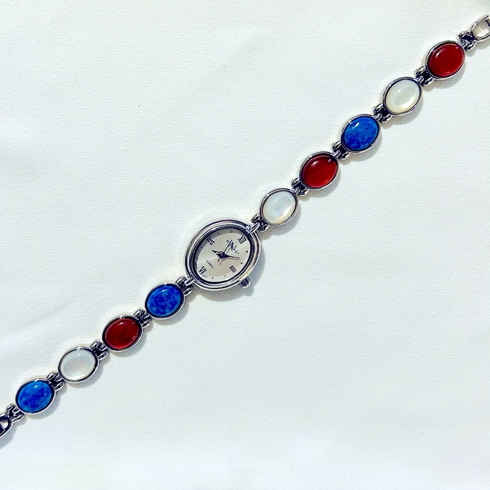Women's N Moore Silver-toned Watch w/Lapis Lazuli, Mother of Pearl and Car…